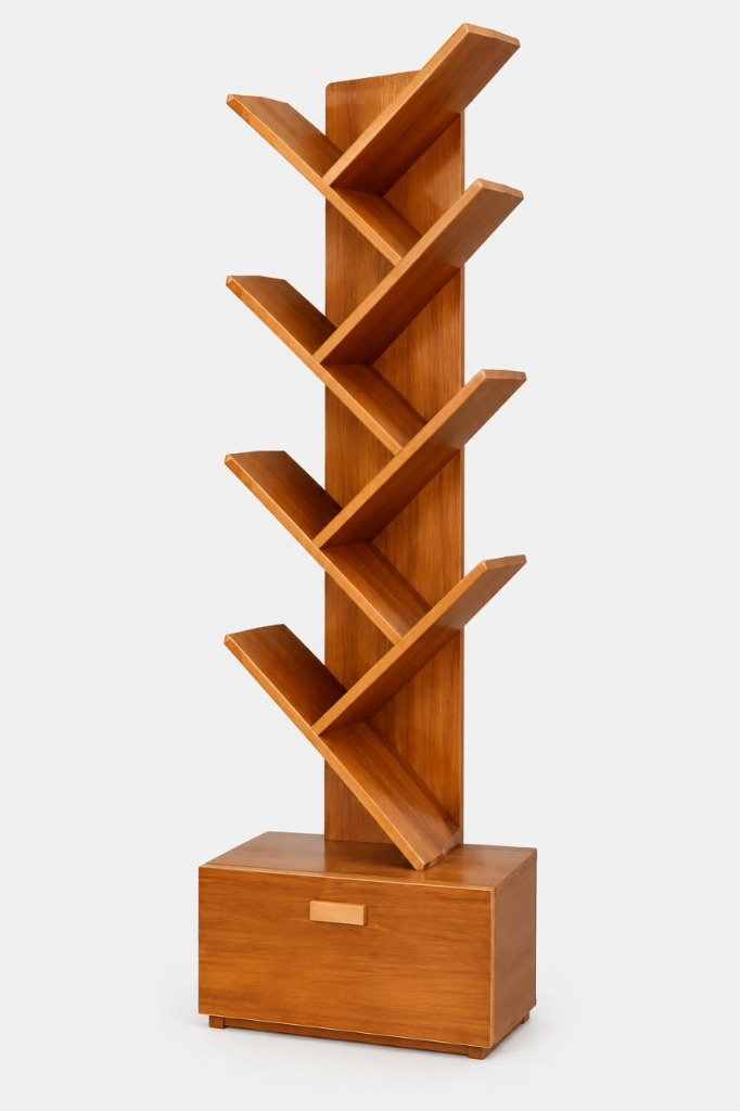Wooden Tree Bookshelf with Bottom Drawer