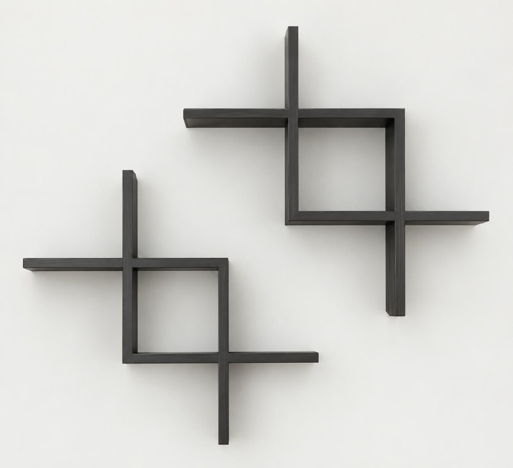 Set of 2 Intersecting Geometric Floating Cross Shelves
