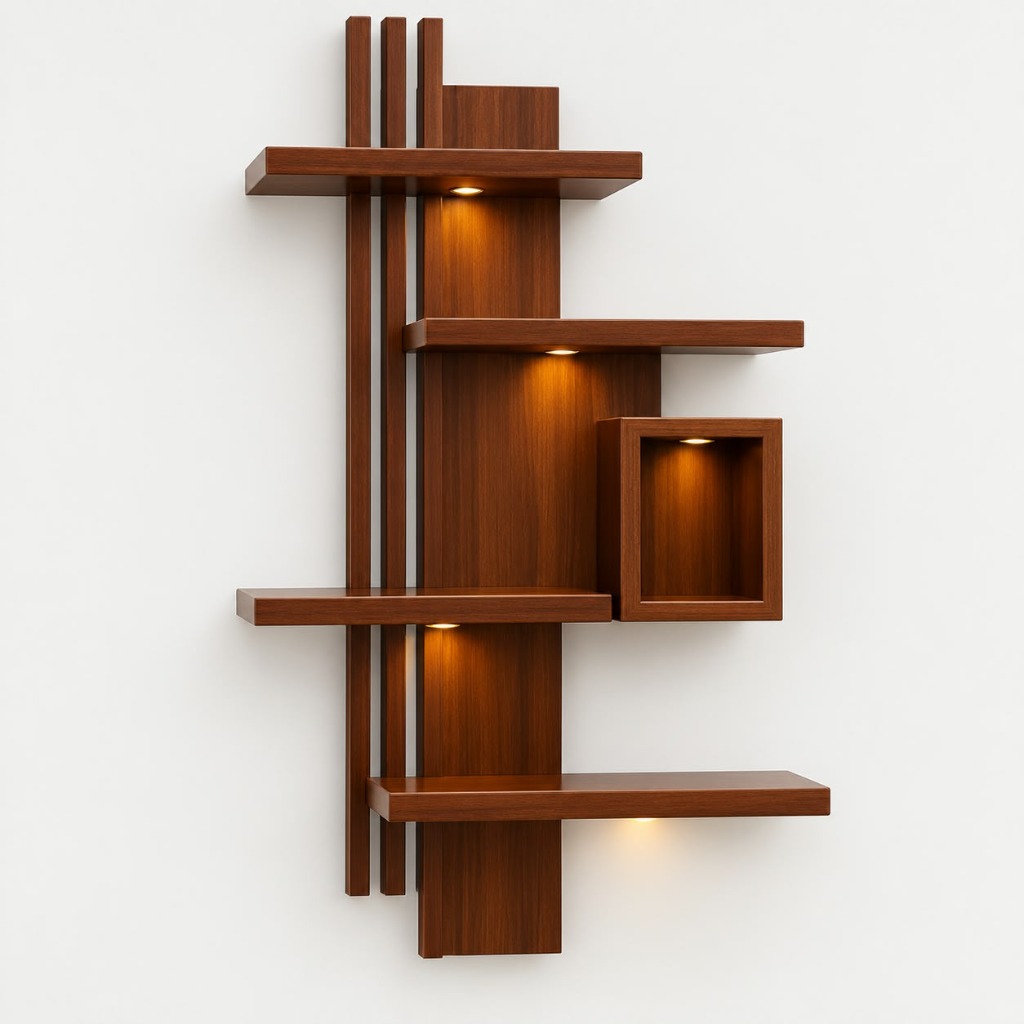 Architectural Wood Slat Wall Shelf with Spotlight LEDs
