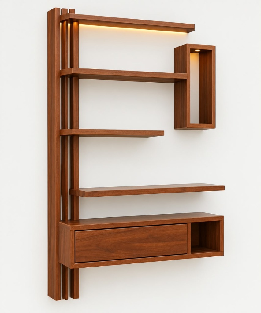 Modern Wall Unit Shelf with Warm LED & Bottom Drawer