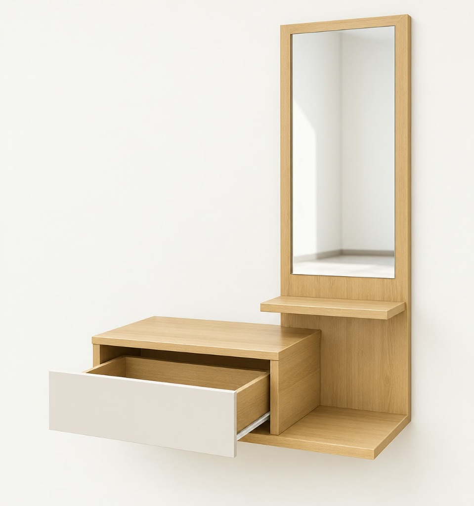 Scandinavian Vanity Mirror with Floating Desk & Drawer