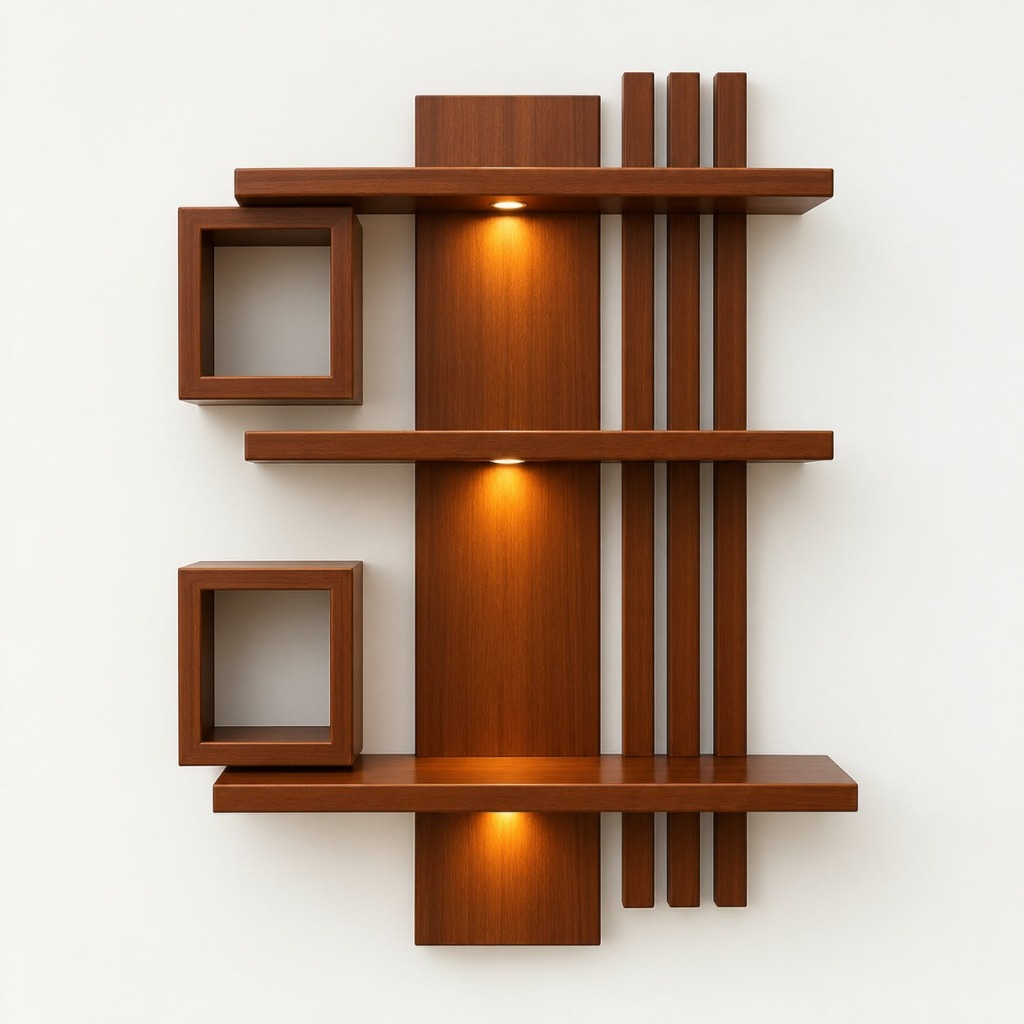 Floating Wall Shelf with Warm Spotlight LEDs & Cubbies
