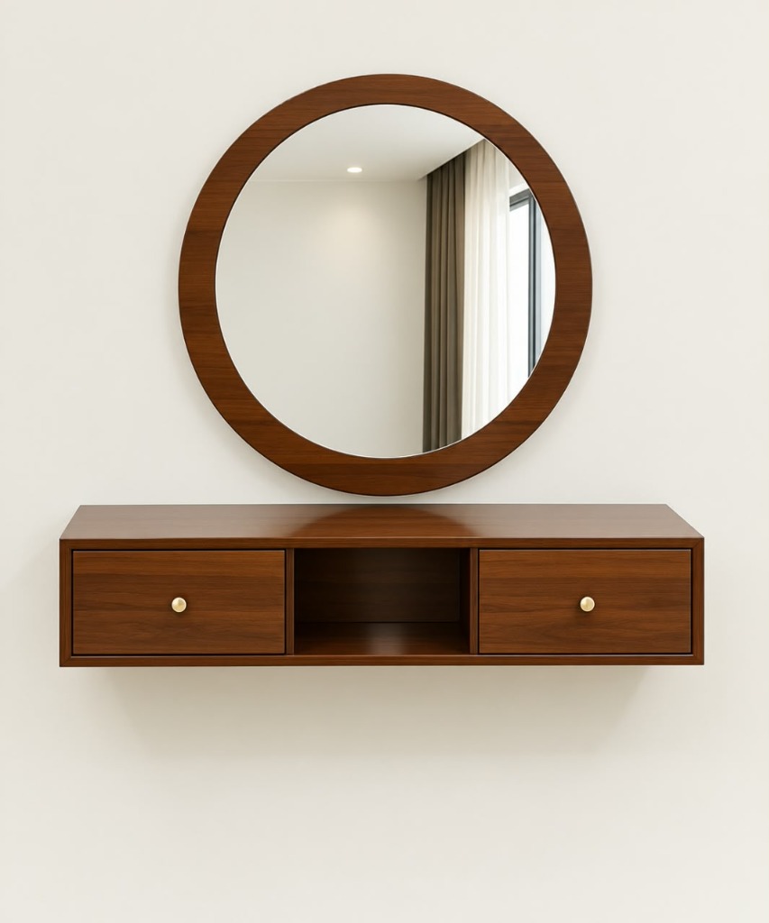 Round Wood Framed Vanity Mirror with Floating Dual Drawer Desk