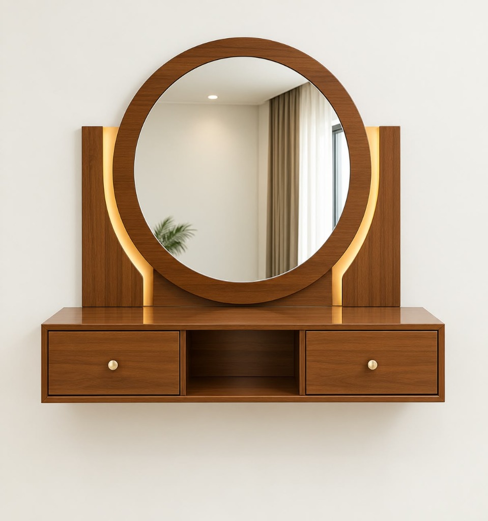 Round LED Vanity Mirror with Dual Drawer Floating Desk