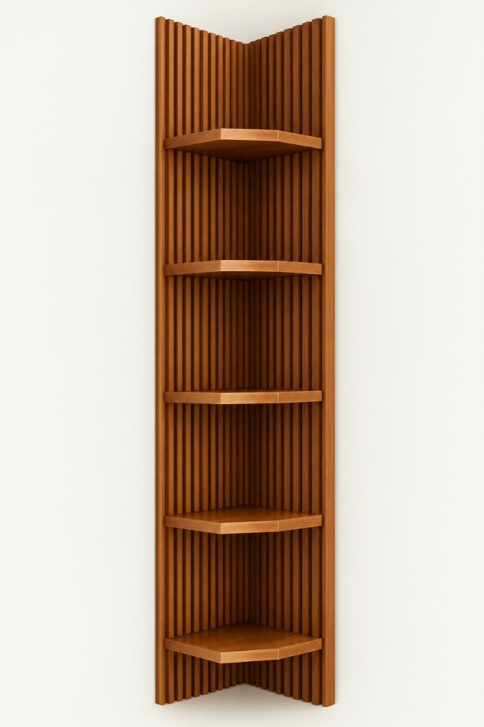 Fluted Wood Slat 5-Tier Corner Wall Shelf